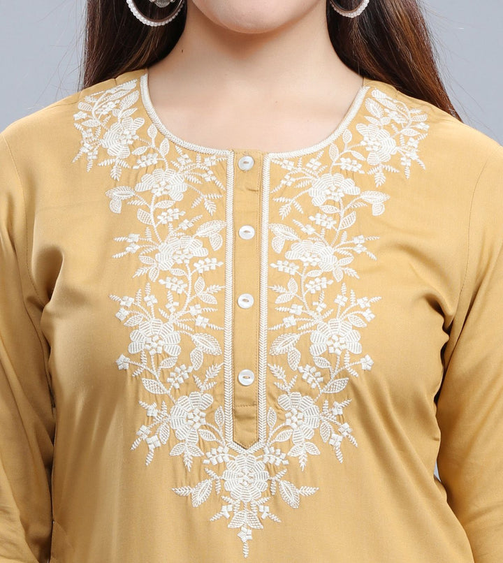 Beige Rayon Straight Embroidered Kurta