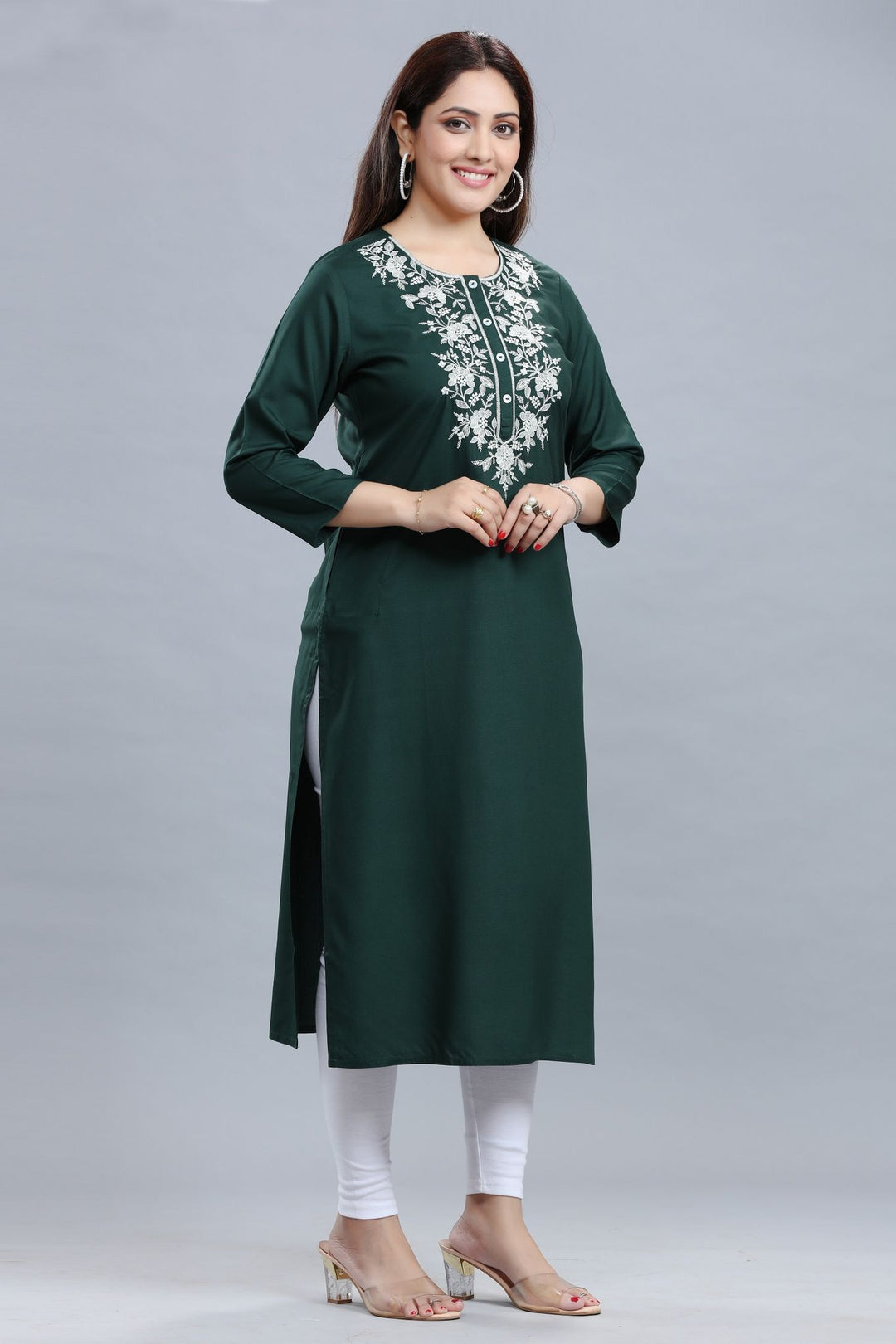 Green Rayon Straight Embroidered Kurta