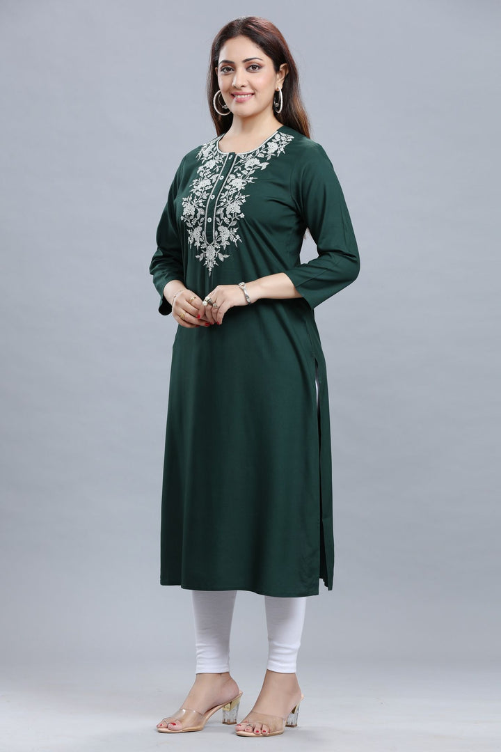 Green Rayon Straight Embroidered Kurta