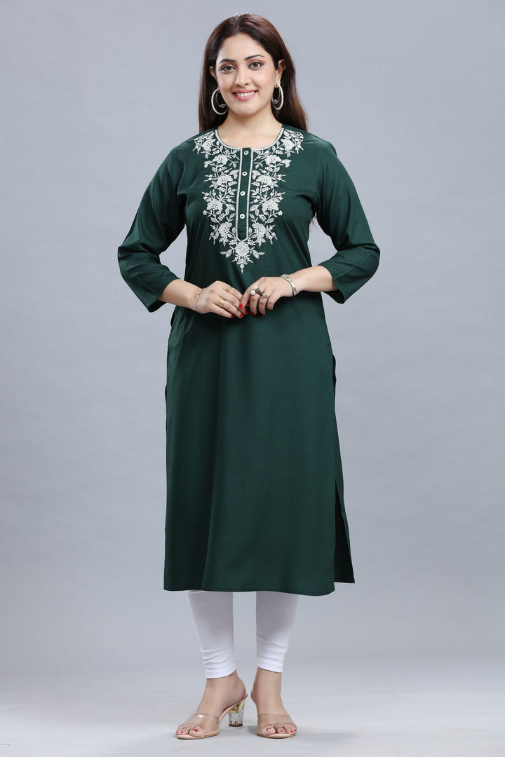 Green Rayon Straight Embroidered Kurta