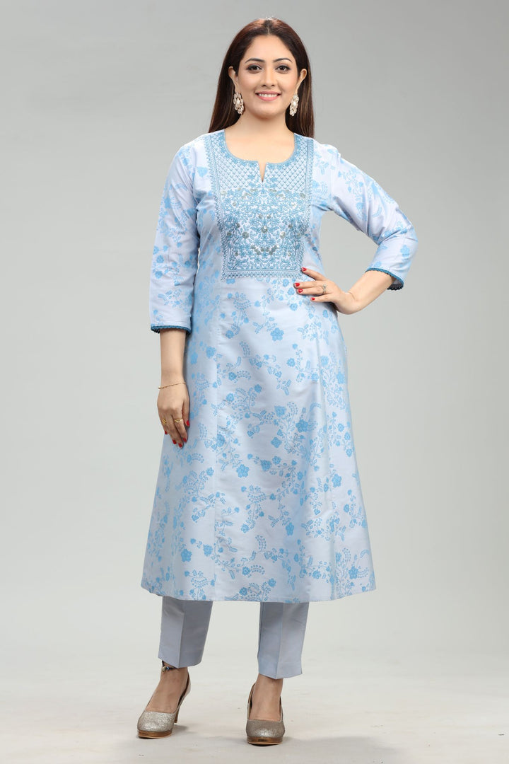 Riba Sky Blue Cotton Silk Kurta With Pant Set