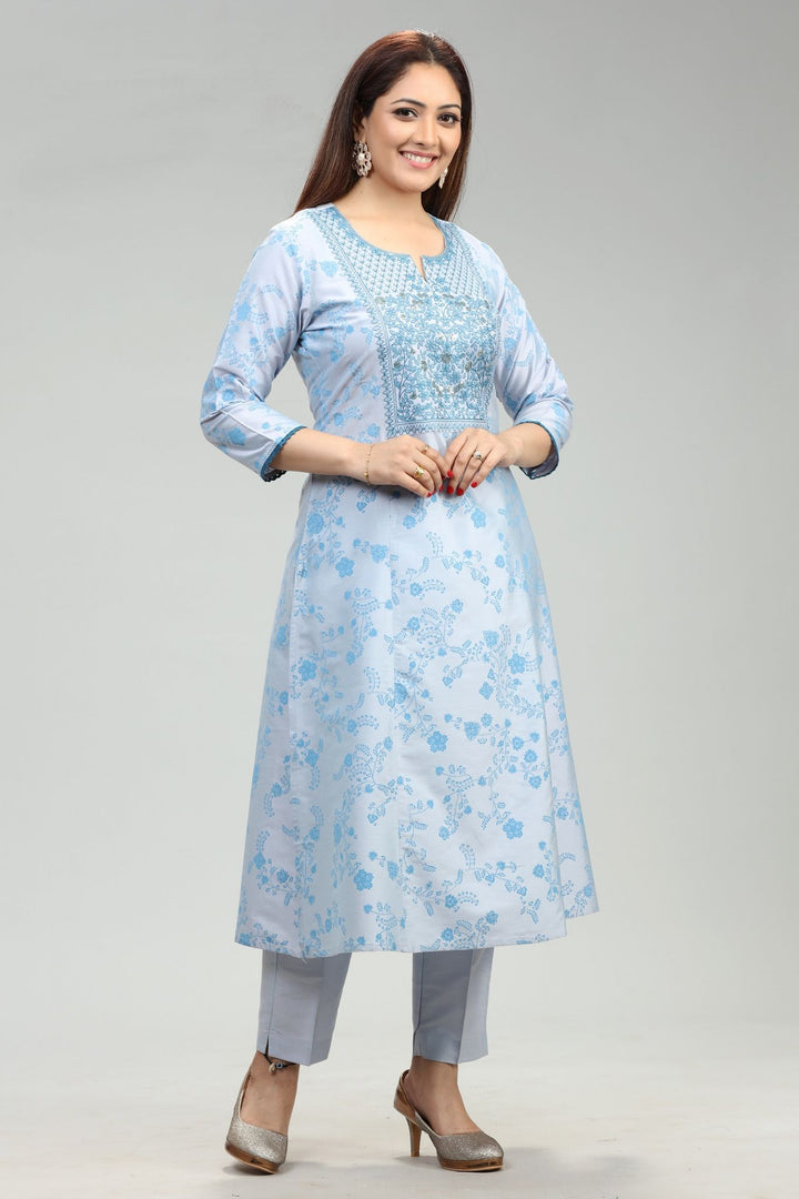 Riba Sky Blue Cotton Silk Kurta With Pant Set