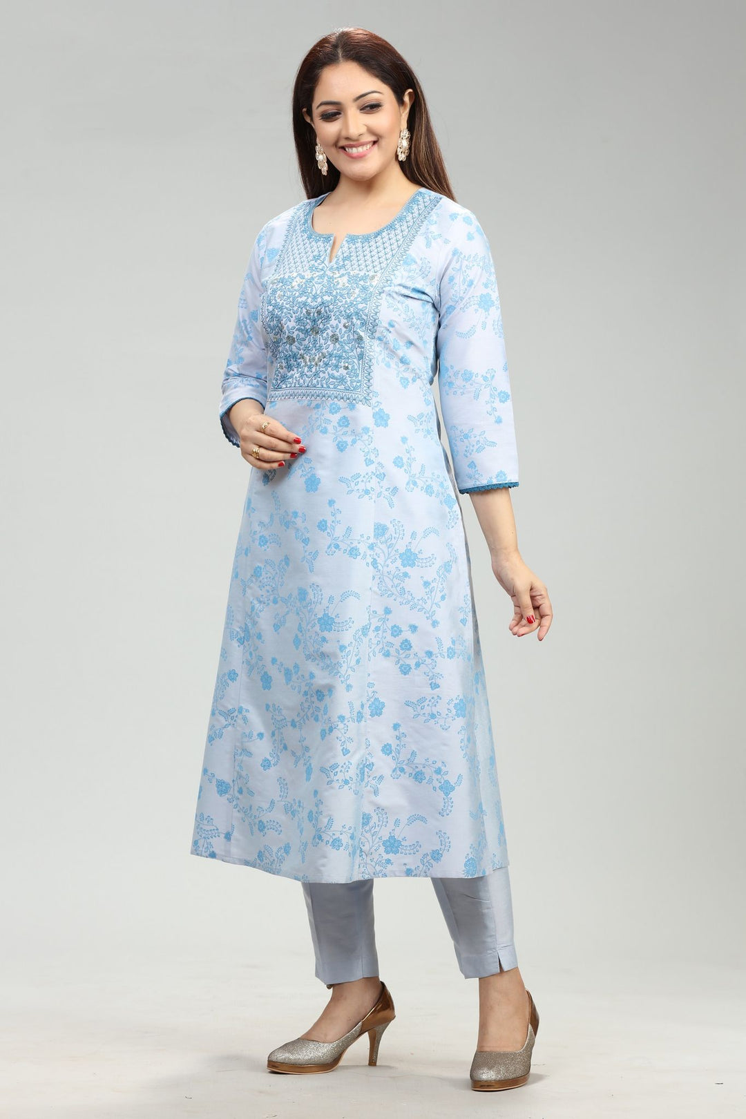 Riba Sky Blue Cotton Silk Kurta With Pant Set