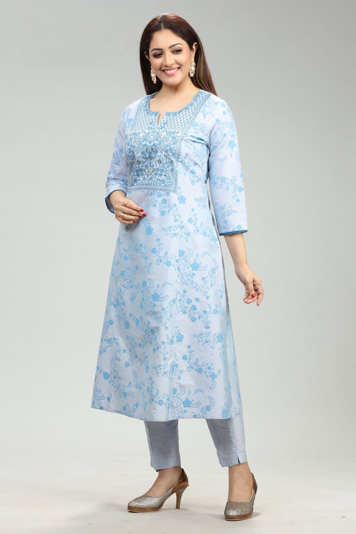 Riba Sky Blue Cotton Silk Kurta With Pant Set