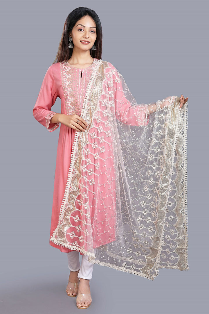 Off White Embroidered Net Dupatta for Women