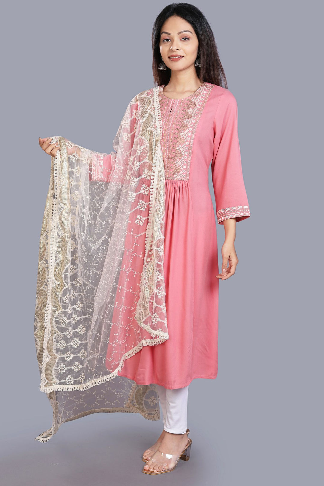 Off White Embroidered Net Dupatta