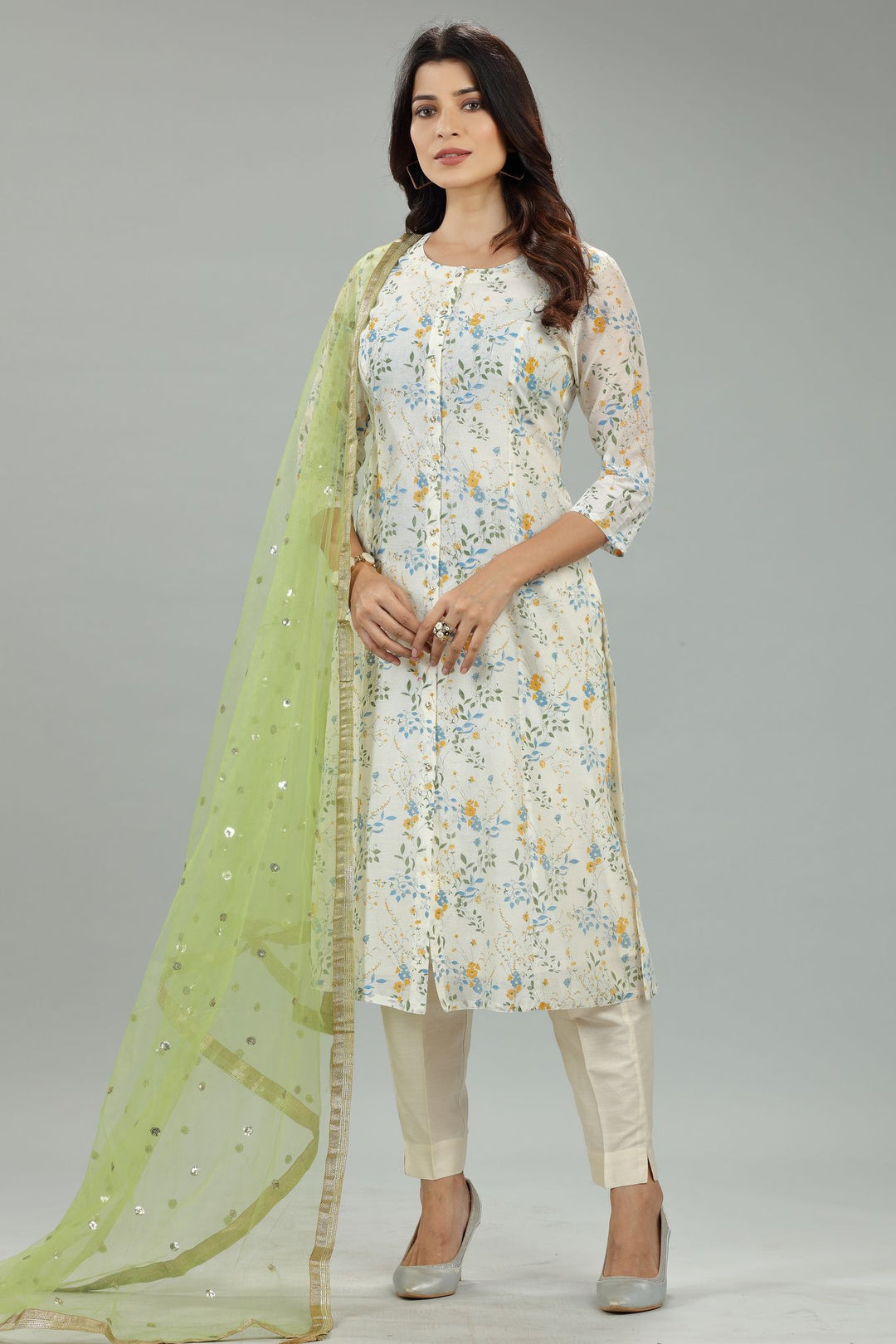 Riya Off White Cotton Chanderi Suit Set