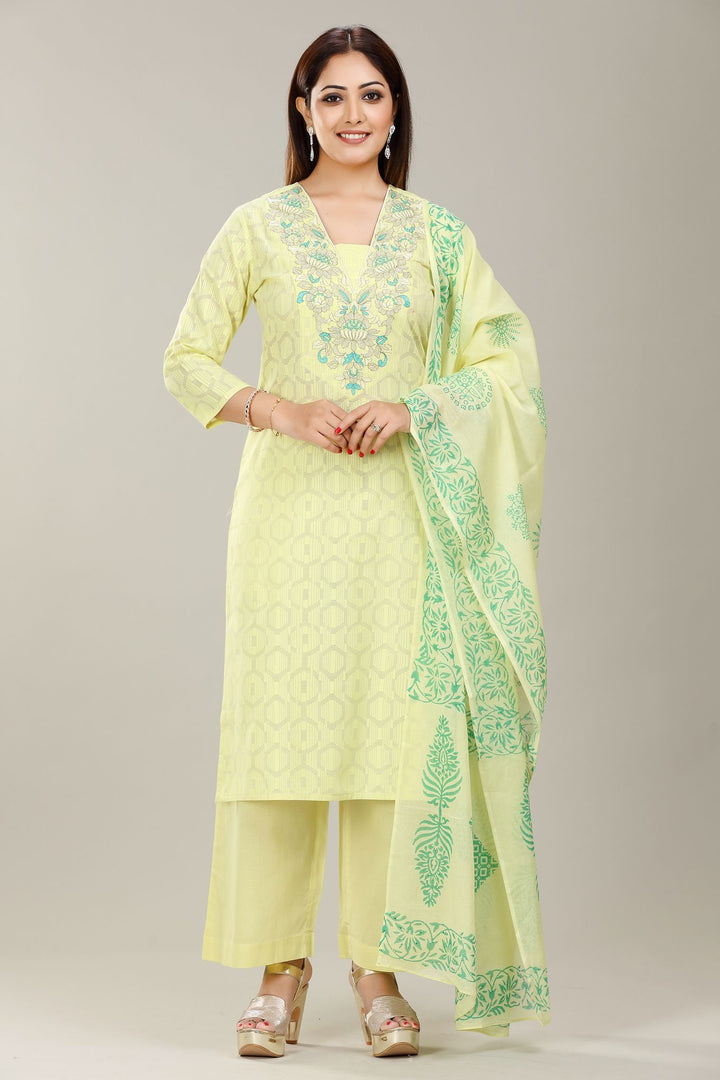 Lime Green Cotton Straight Embroidered Kurta Pant Suit Set for women