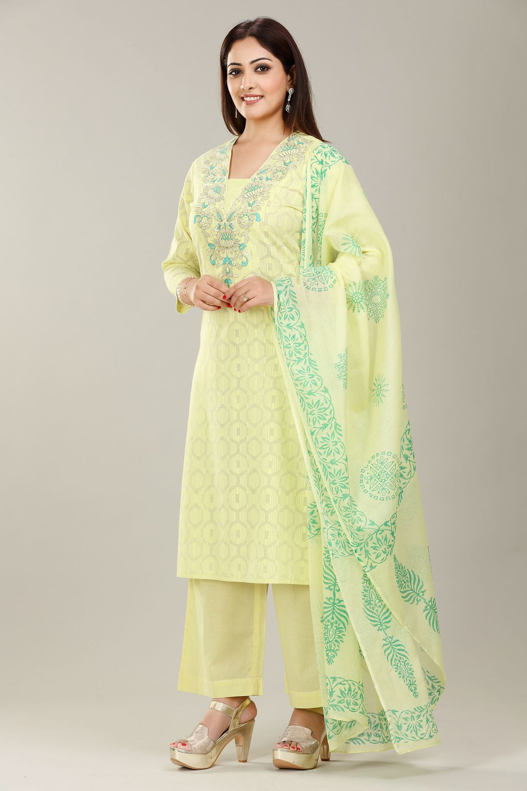 Lime Green Cotton Straight Embroidered Kurta Pant Suit Set