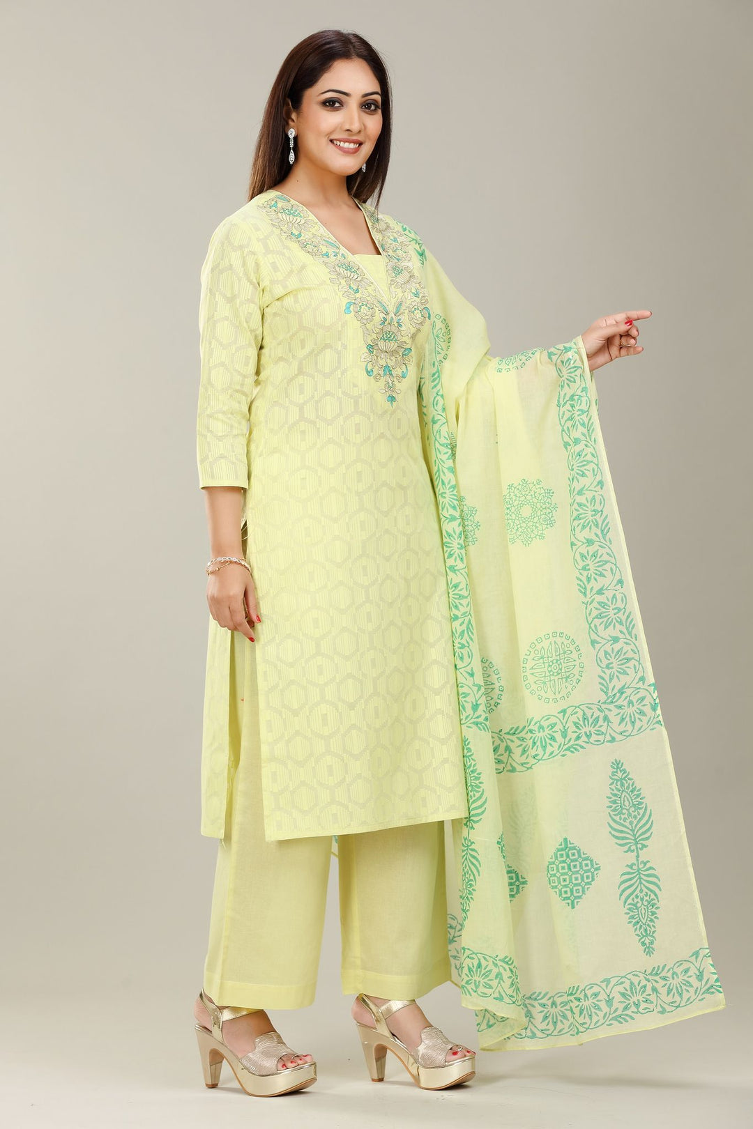 Lime Green Cotton Straight Embroidered Kurta Pant Suit Set for women