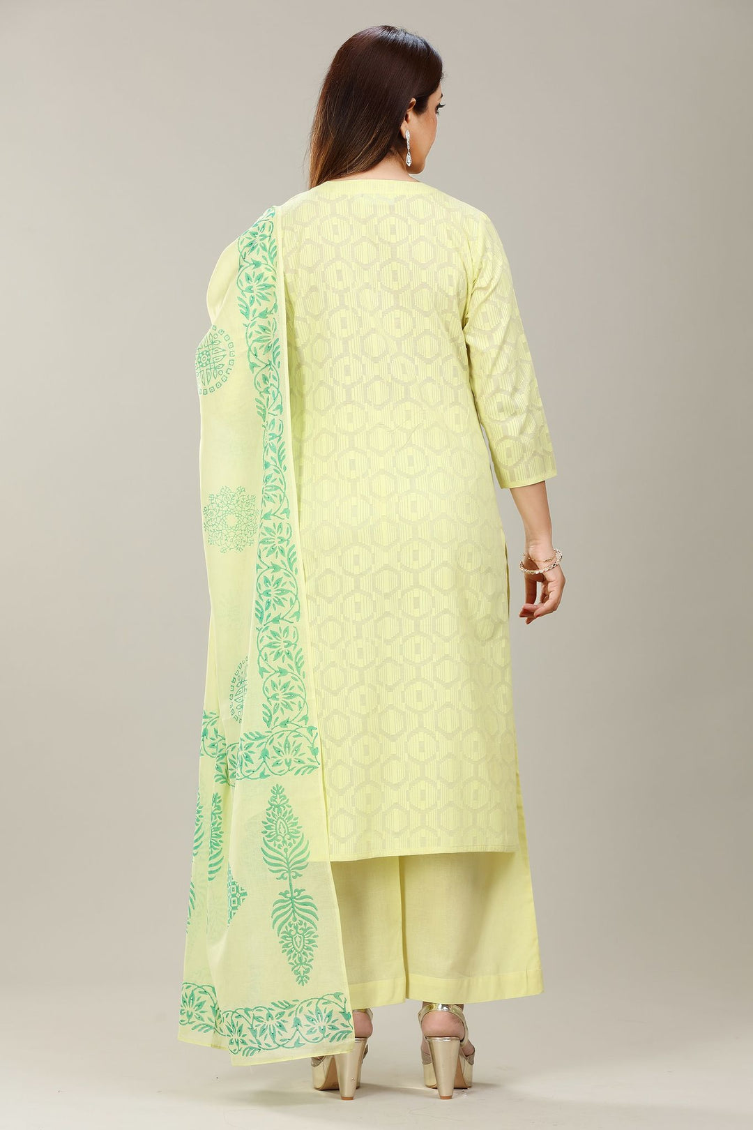 Lime Green Cotton Straight Embroidered Kurta Pant Suit Set for women