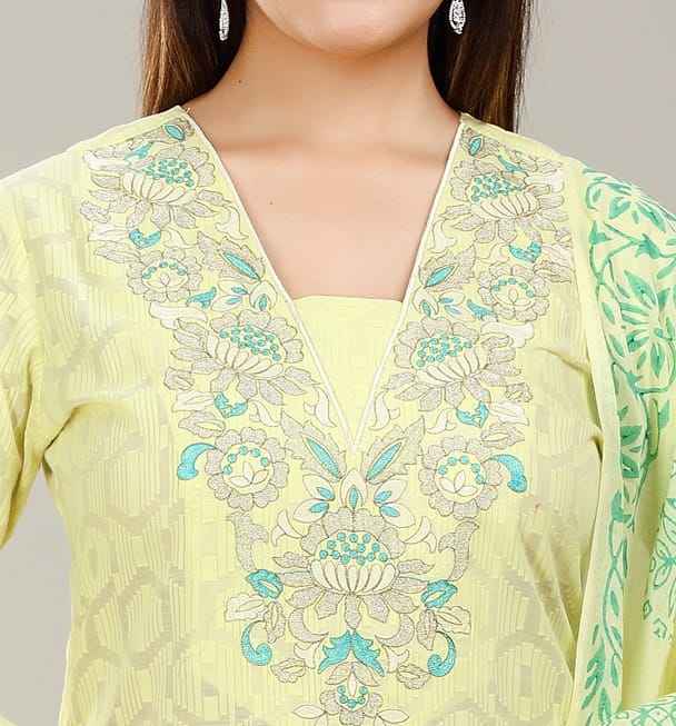 Lime Green Cotton Straight Embroidered Kurta Pant Suit Set