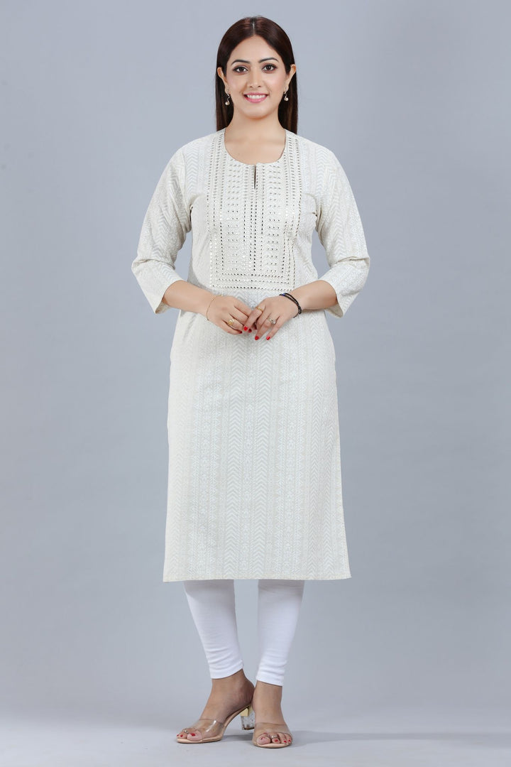 Off White Cotton Straight Embroidered Kurta