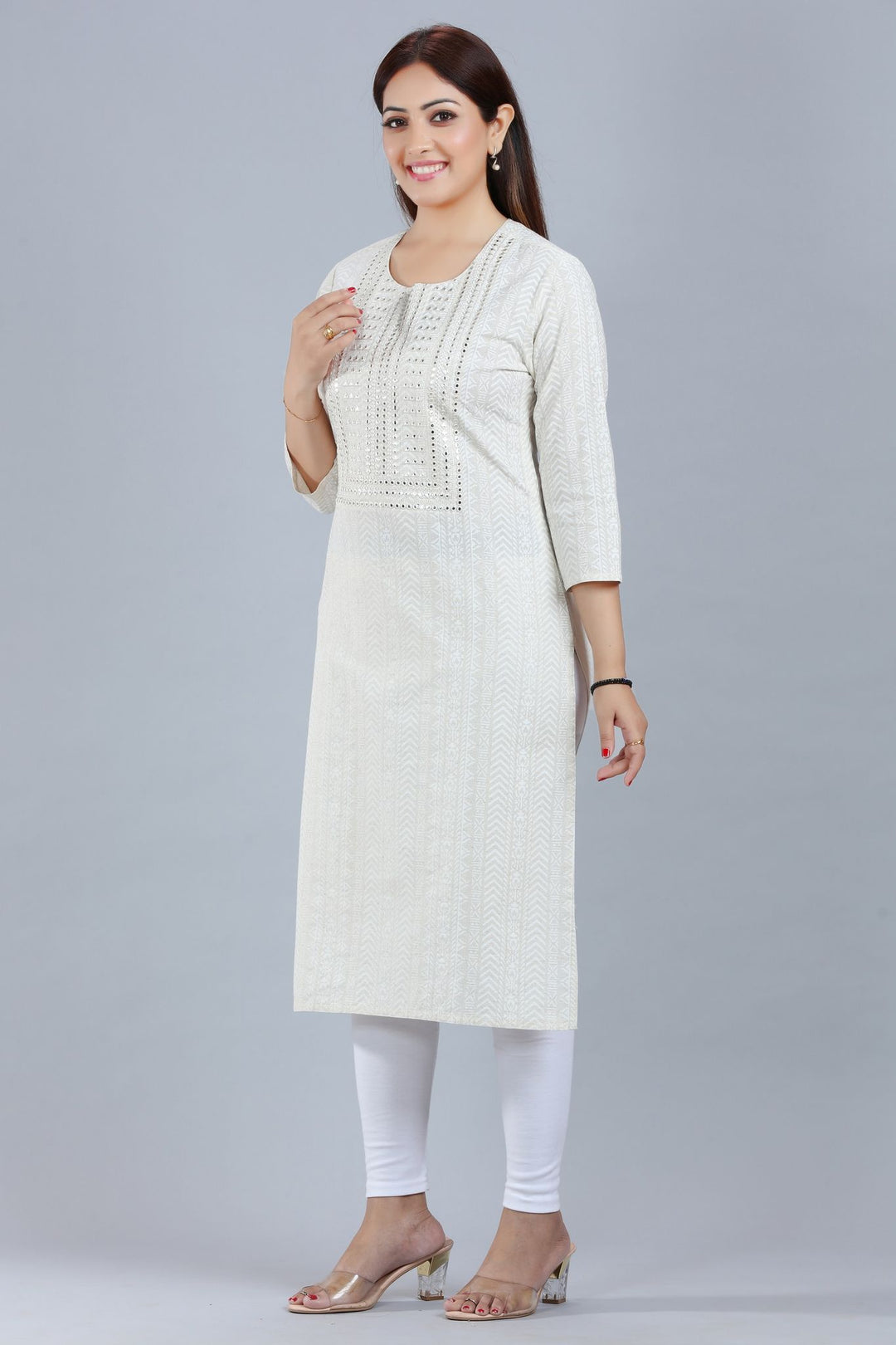 Off White Cotton Straight Embroidered Kurta