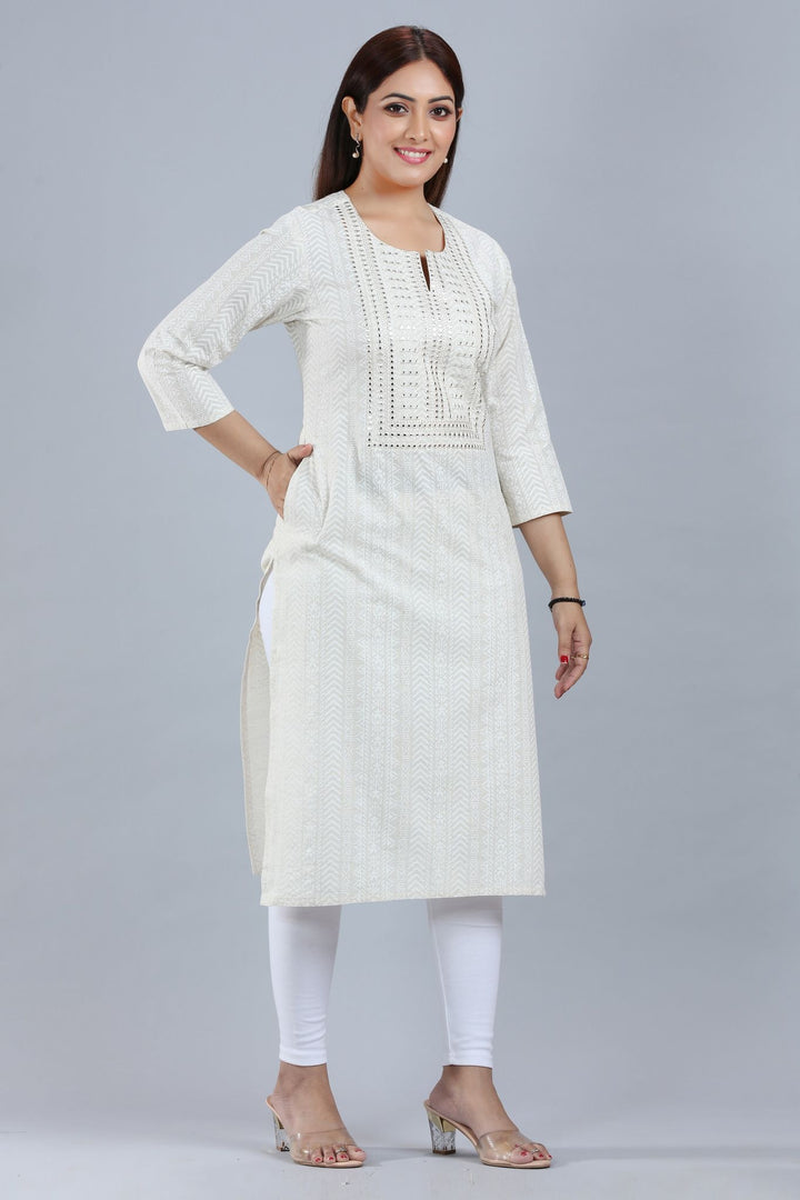 Off White Cotton Straight Embroidered Kurta