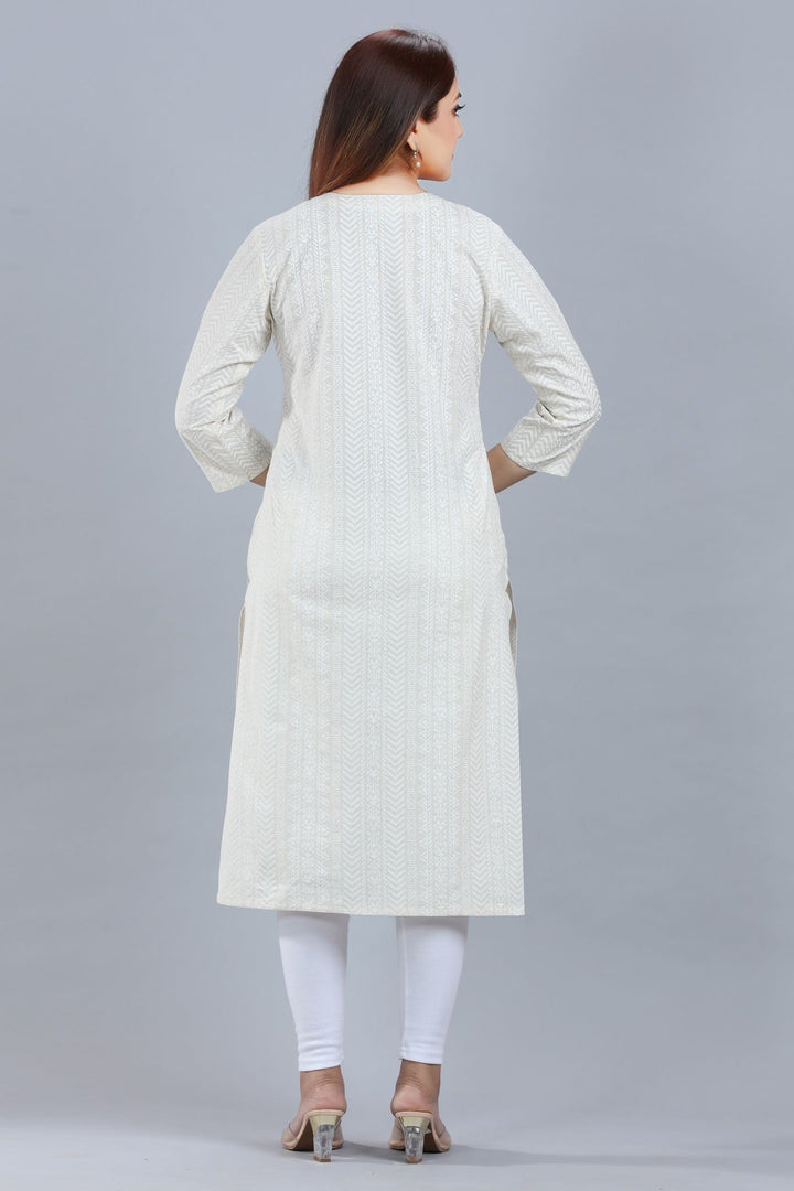 Off White Cotton Straight Embroidered Kurta