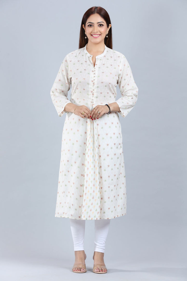 Cream Cotton A Line Printed Kurta