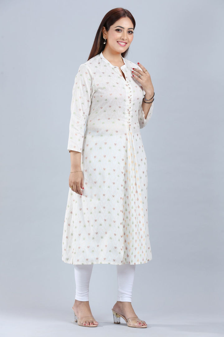 Cream Cotton A Line Printed Kurta