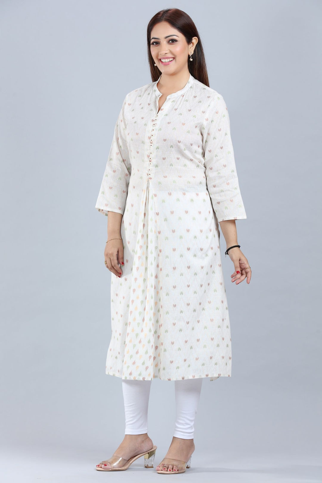 Cream Cotton A Line Printed Kurta