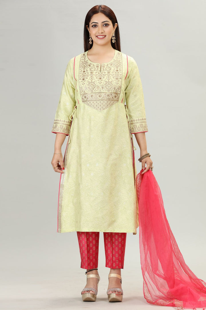 Rutvi Light Green Cotton Silk Embroidered Kurta, Pant & Dupatta Set