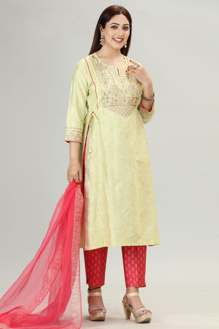 Rutvi Light Green Cotton Silk Embroidered Kurta, Pant & Dupatta Set