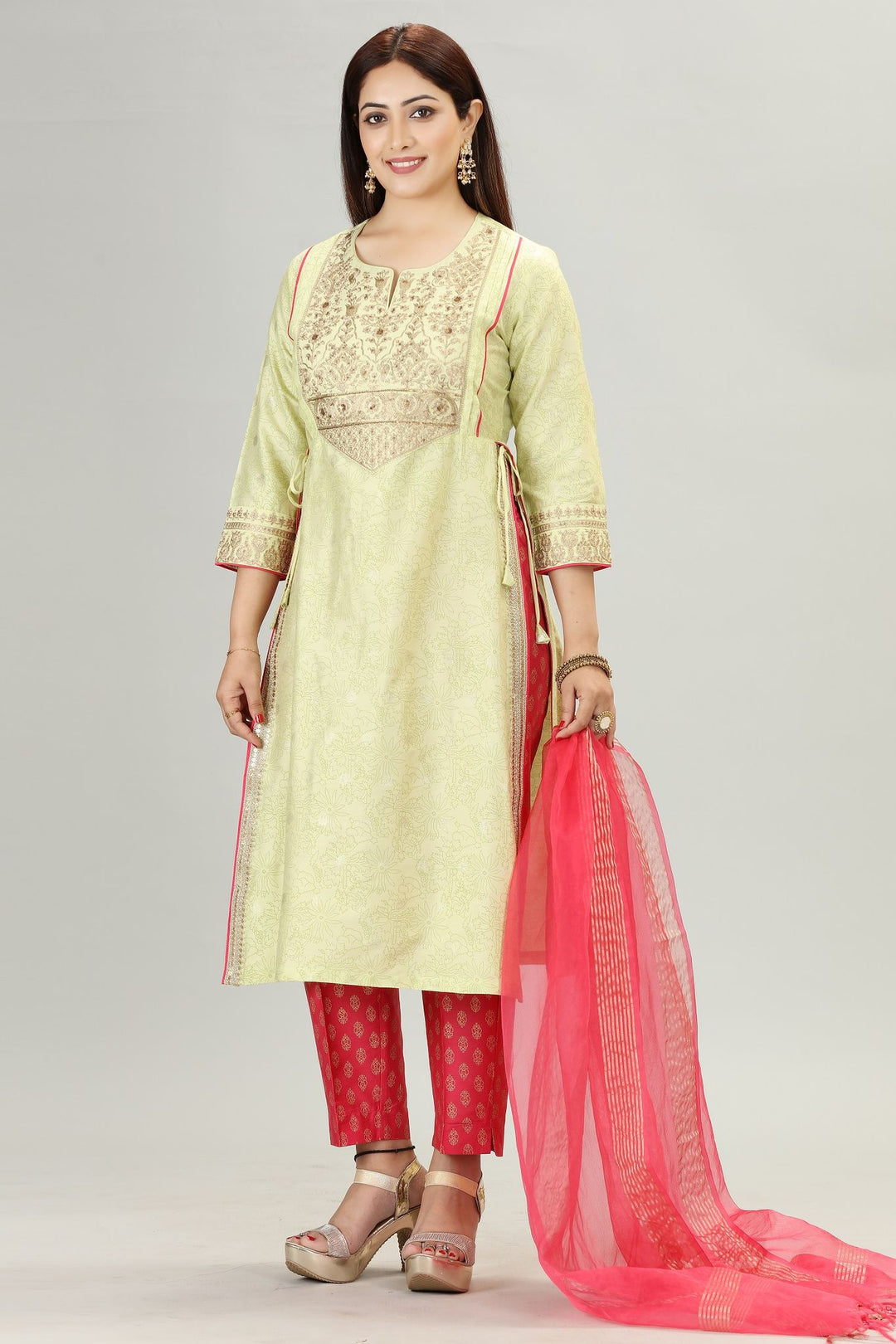 Rutvi Light Green Cotton Silk Embroidered Kurta, Pant & Dupatta Set