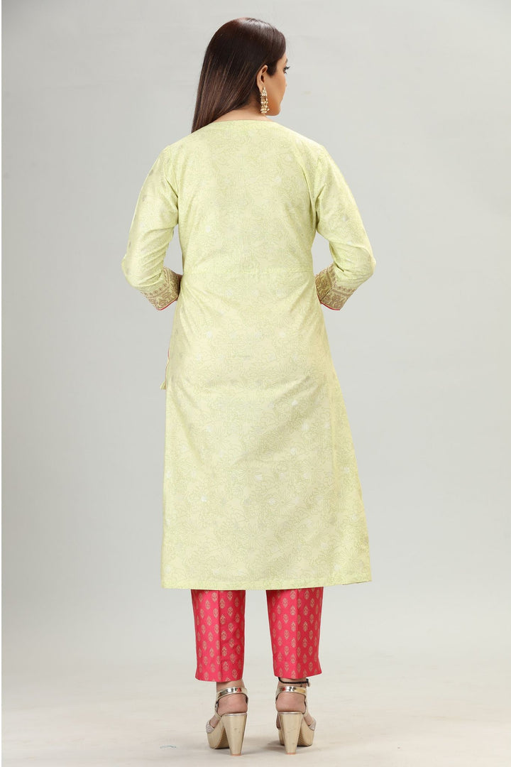 Rutvi Light Green Cotton Silk Embroidered Kurta, Pant & Dupatta Set