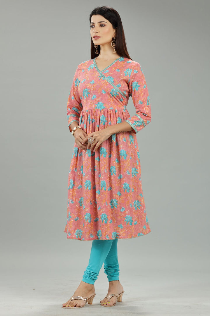 Peach Cotton A Line Printed Angrakha Kurta