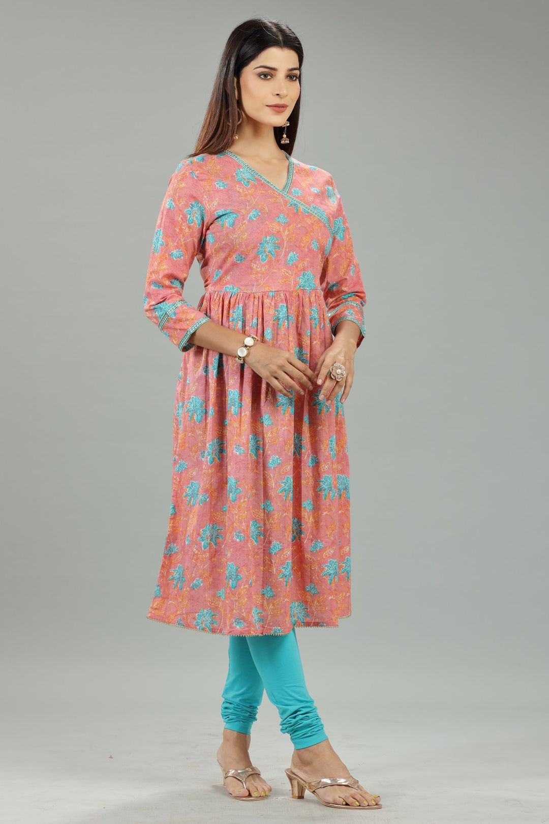 Peach Cotton A Line Printed Angrakha Kurta