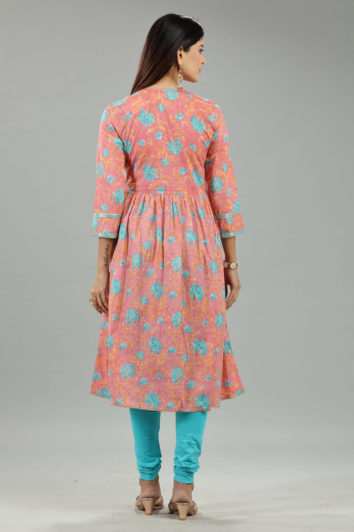 Peach Cotton A Line Printed Angrakha Kurta