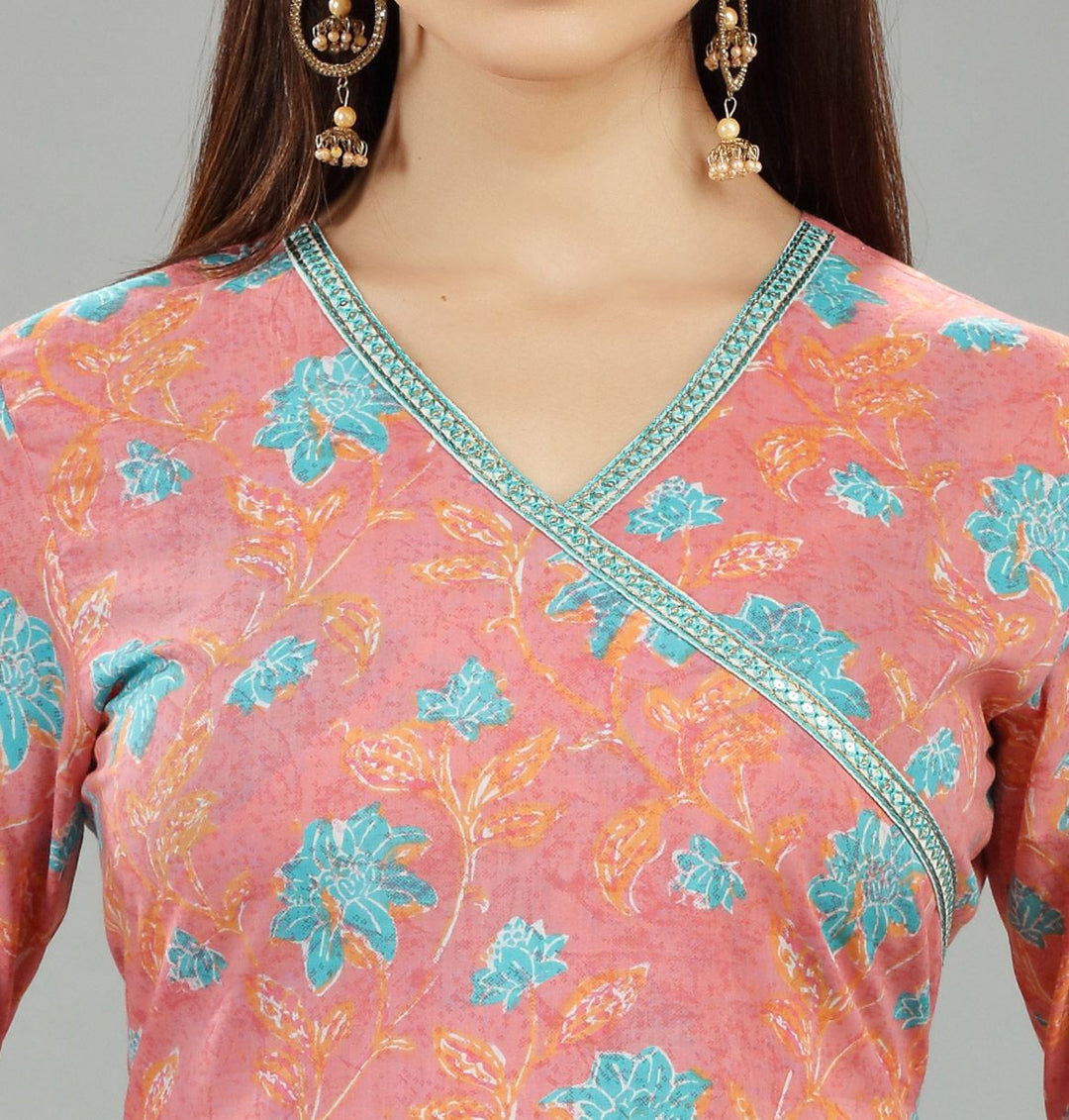 Peach Cotton A Line Printed Angrakha Kurta