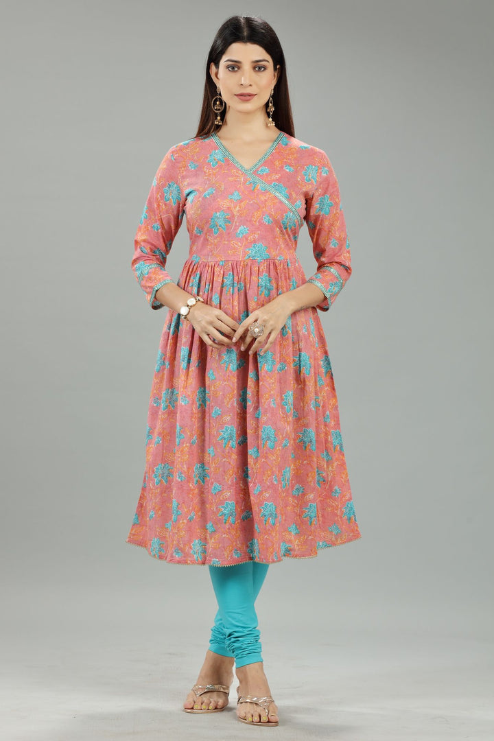 Peach Cotton A Line Printed Angrakha Kurta