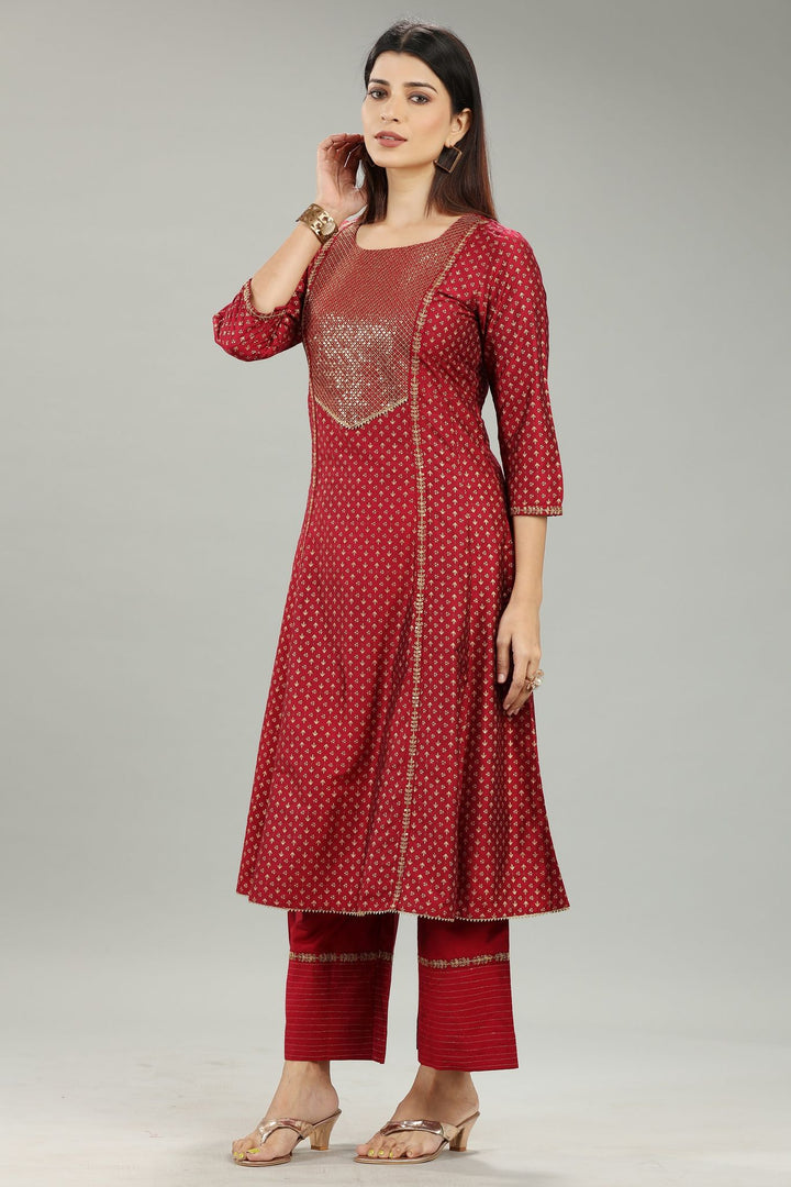 Saachi Maroon Cotton Silk Embroidered Suit Set