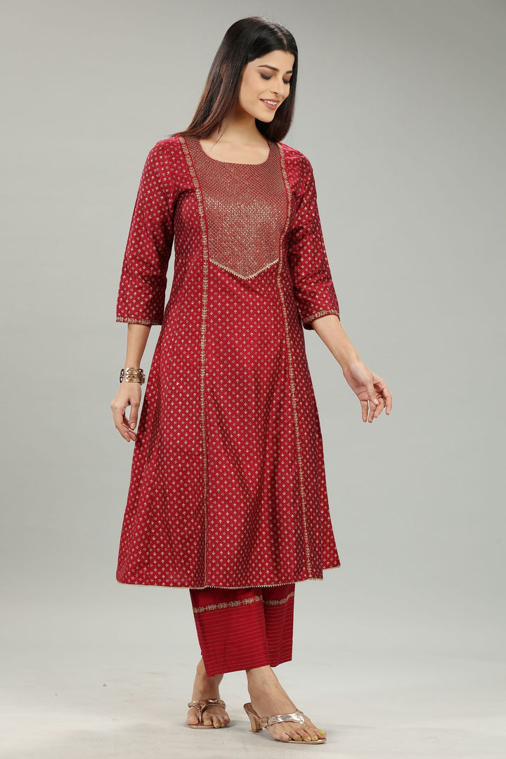 Saachi Maroon Cotton Silk Embroidered Suit Set