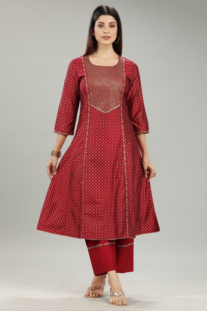 Saachi Maroon Cotton Silk Embroidered Suit Set