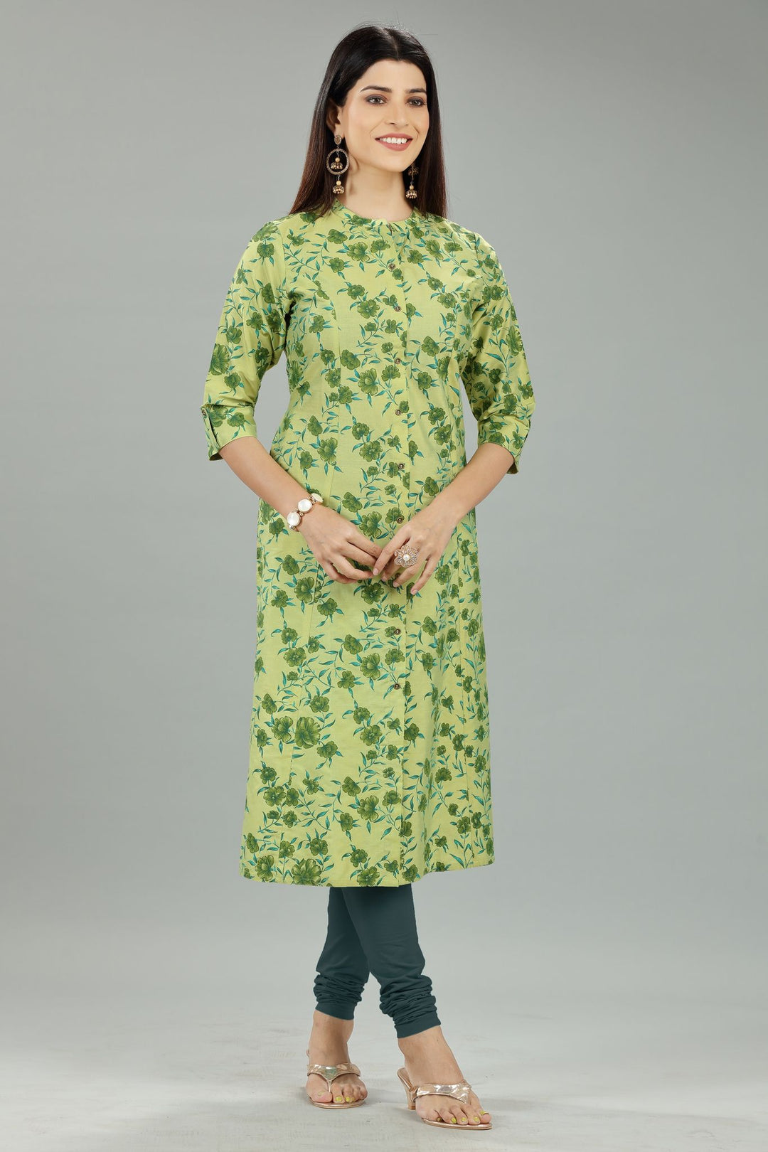 Parrot Green Rayon A Line Printed Kurta