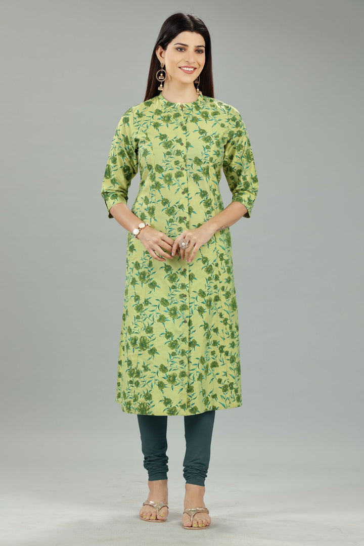 Parrot Green Rayon A Line Printed Kurta