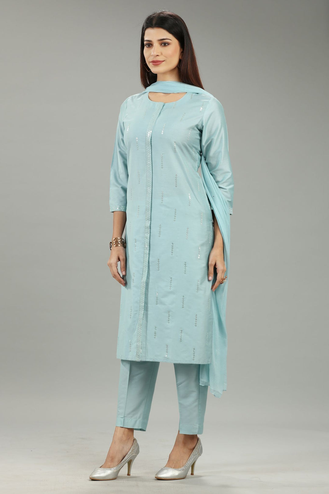 Saadhika Sky Blue Cotton Silk Embroidered Suit Set