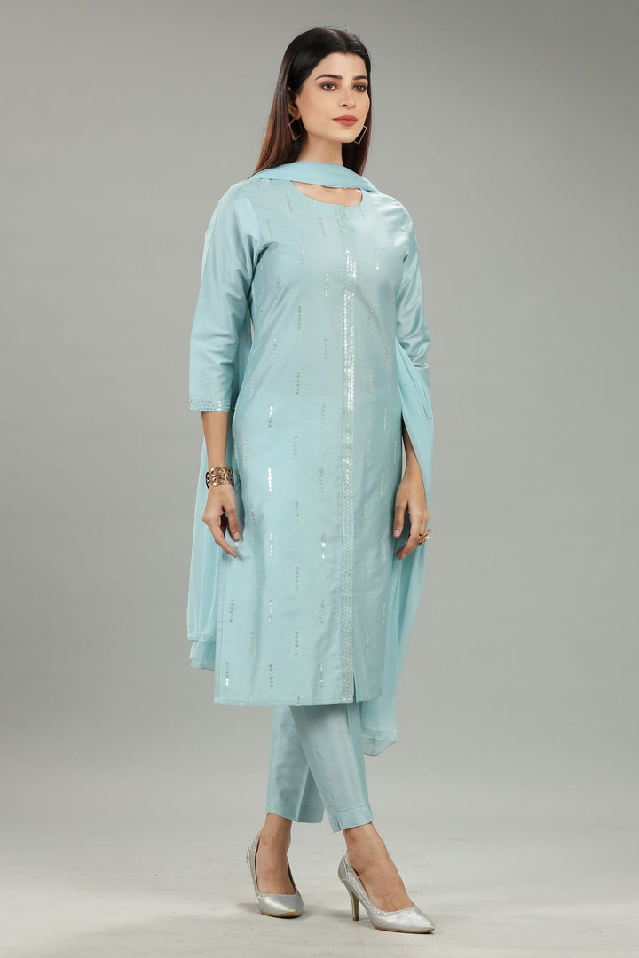 Saadhika Sky Blue Cotton Silk Embroidered Suit Set