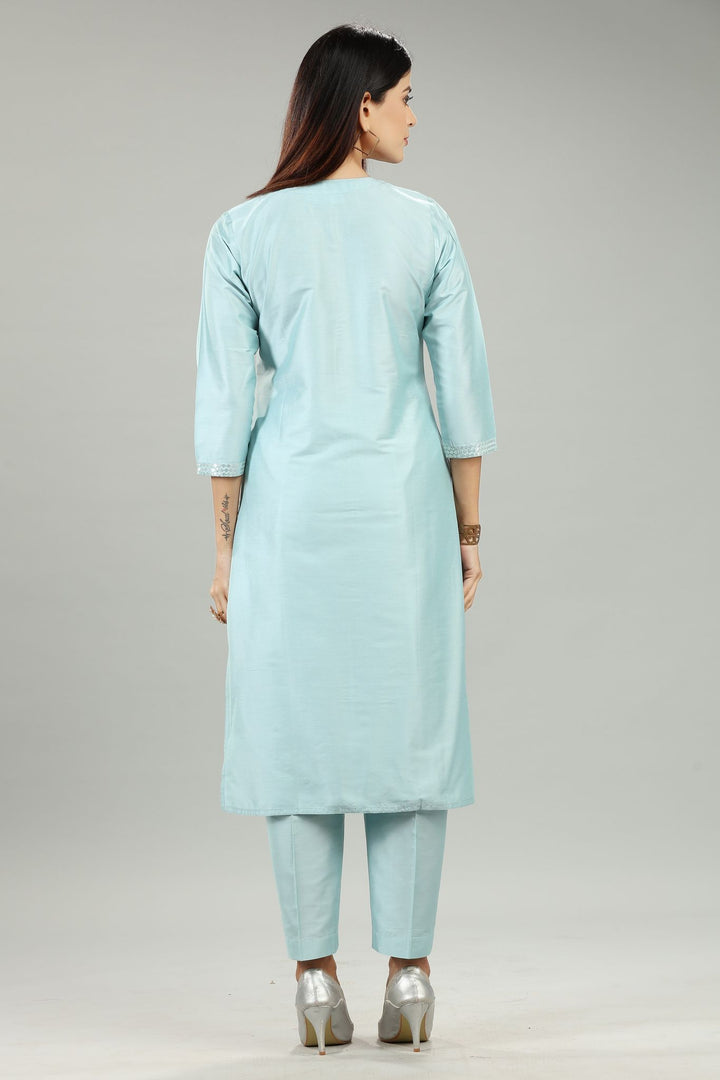 Saadhika Sky Blue Cotton Silk Embroidered Suit Set