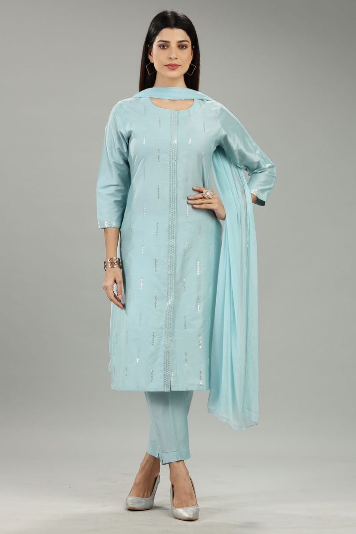 Saadhika Sky Blue Cotton Silk Embroidered Suit Set