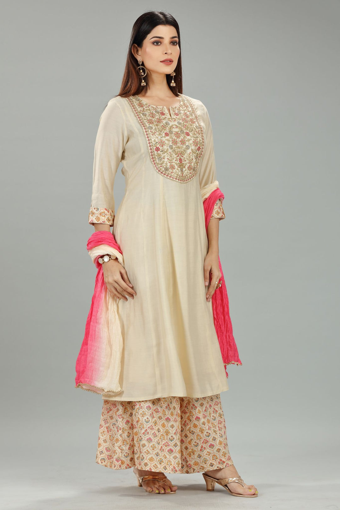 Saaisha Cream Chanderi Embroidered Suit Set