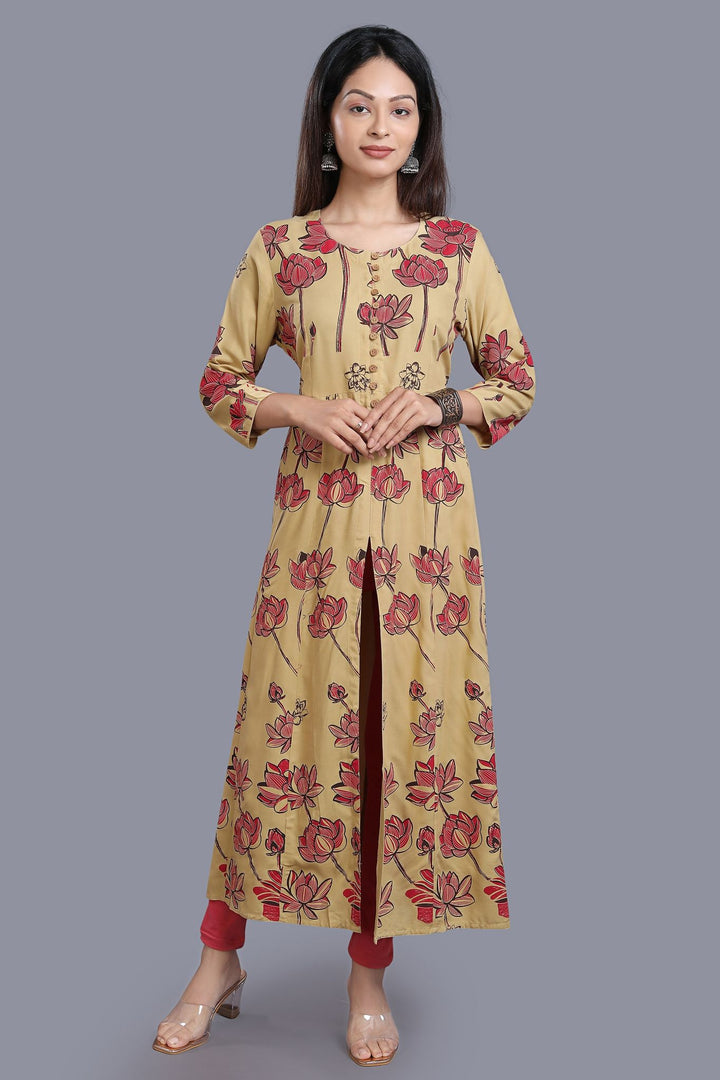 Beige Rayon A Line Printed Kurta