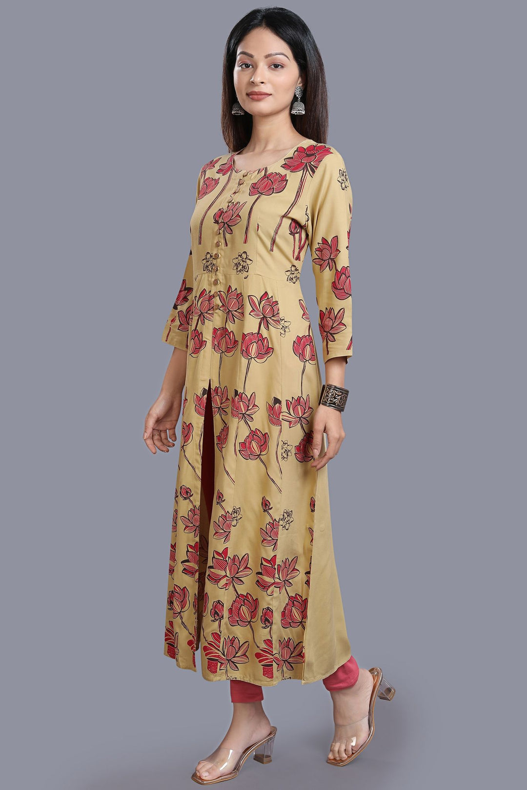 Beige Rayon A Line Printed Kurta