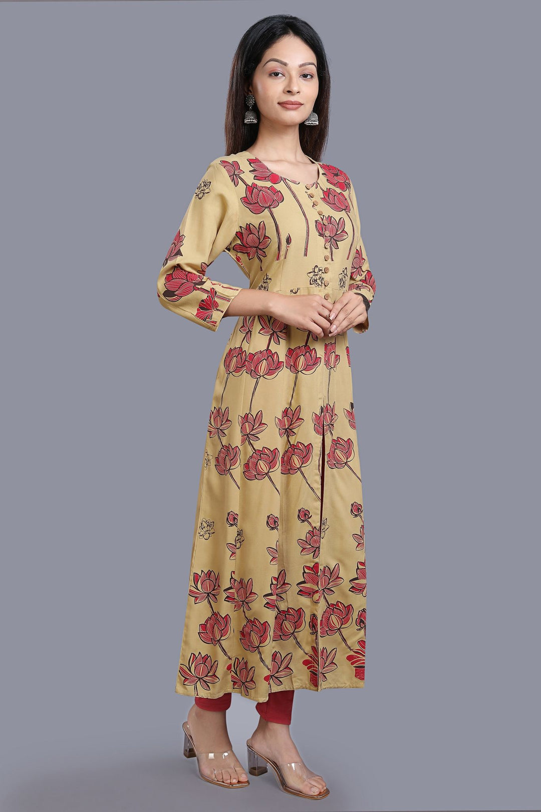 Beige Rayon A Line Printed Kurta