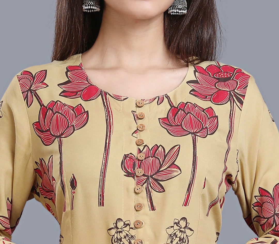 Beige Rayon A Line Printed Kurta