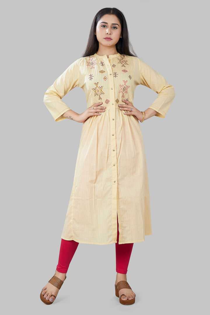 Light Yellow Cotton A-Line Embroidered Kurta