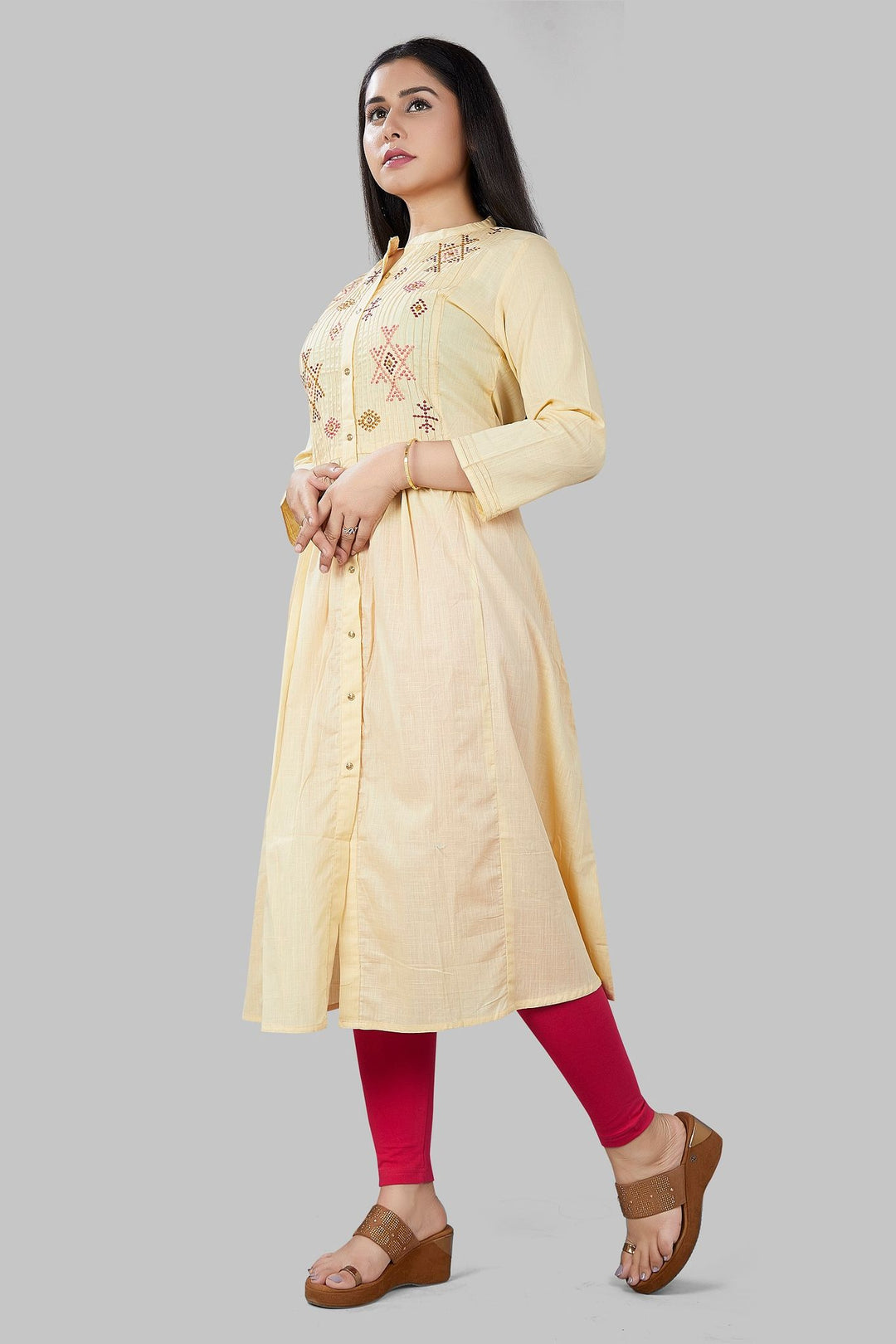 Light Yellow Cotton A-Line Embroidered Kurta