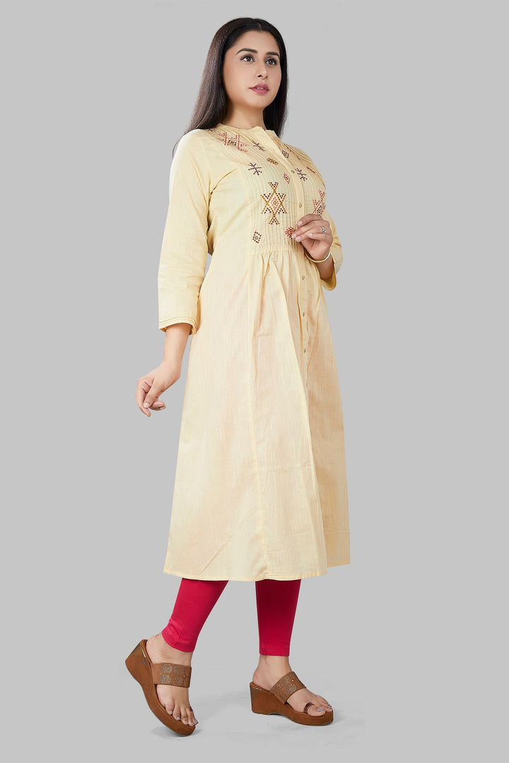 Light Yellow Cotton A-Line Embroidered Kurta