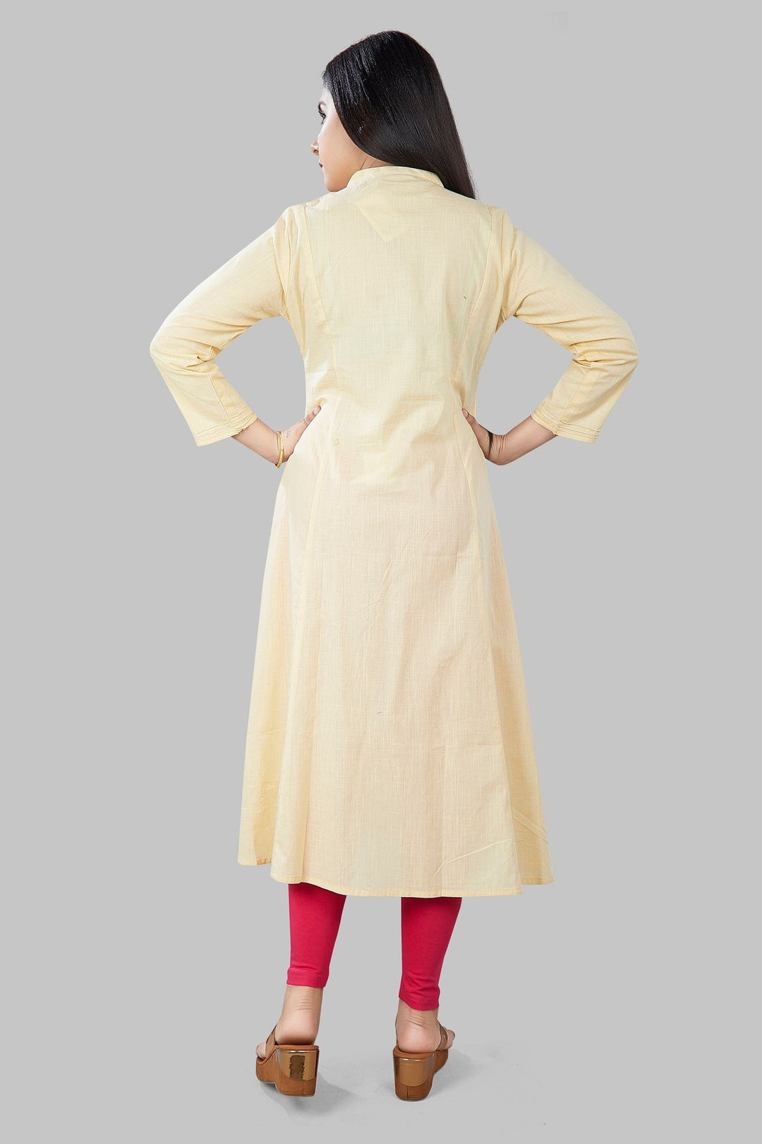 Light Yellow Cotton A-Line Embroidered Kurta